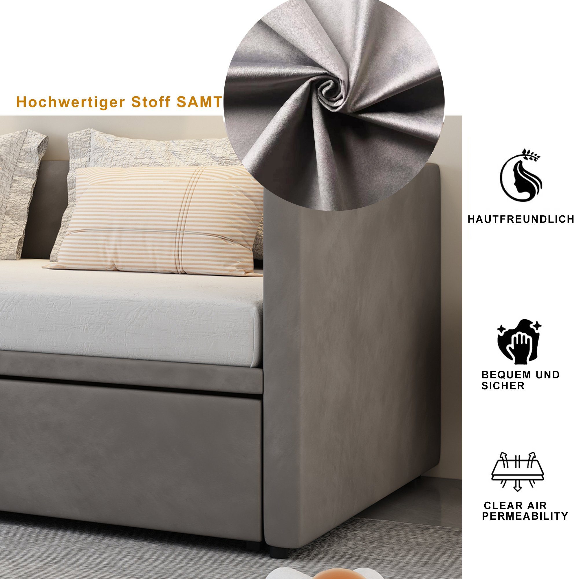 OKWISH Bett Polsterbett Ausziehbares Schlafsofa, 90/180*200 cm (aus hautfreundlichem Samtstoff, mit Lattenrosten), Ohne Matratze