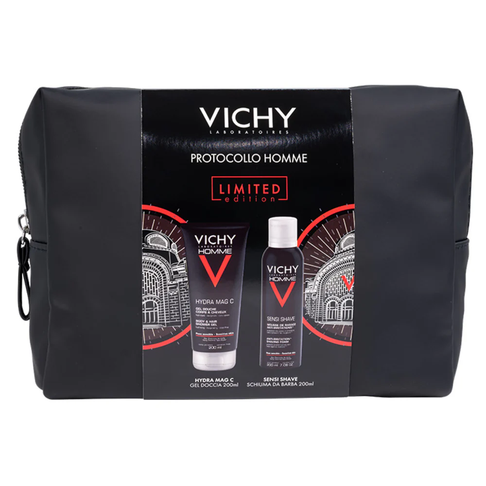 Vichy Homme Herren-Geschenkset Hydra Mag C Duschgel + Sensi Rasierschaum – Geschenkset für Gesicht und Körper, Bad und Dusche