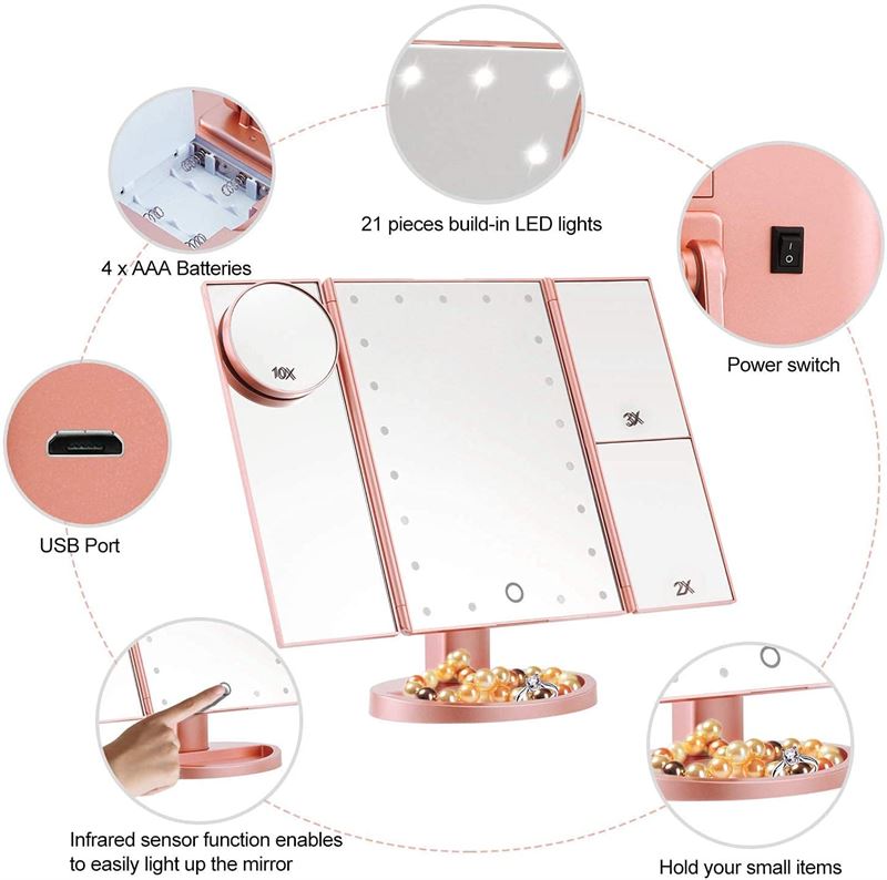Hollywood Trifold Kosmetikspiegel mit LED-Licht