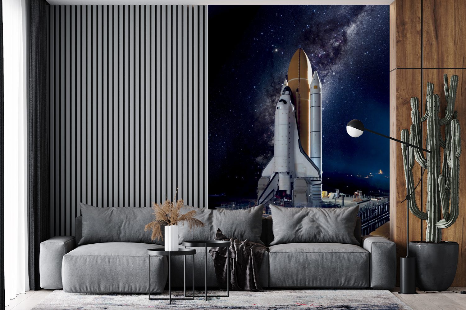 MuchoWow Fototapete Rakete - Weltraum - Sterne, Matt, bedruckt, (3 St), Montagefertig Vinyl Tapete für Wohnzimmer, Wandtapete