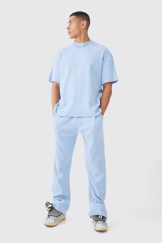 Geripptes Ottoman T-Shirt & Jogginghose mit geteiltem Saum