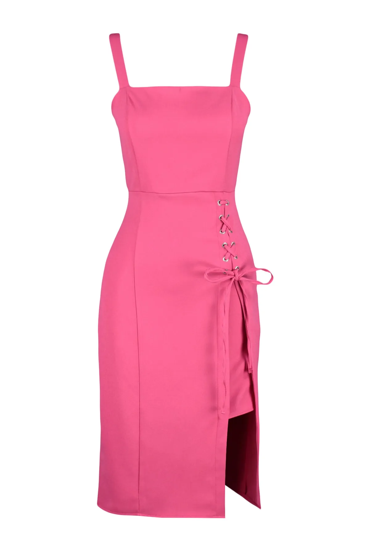 Trendyol Collection  Fuchsiafarbenes, figurbetontes, gewebtes Midikleid mit Ösen, Schlitz und quadratischem Kragen TWOSS19EL0079