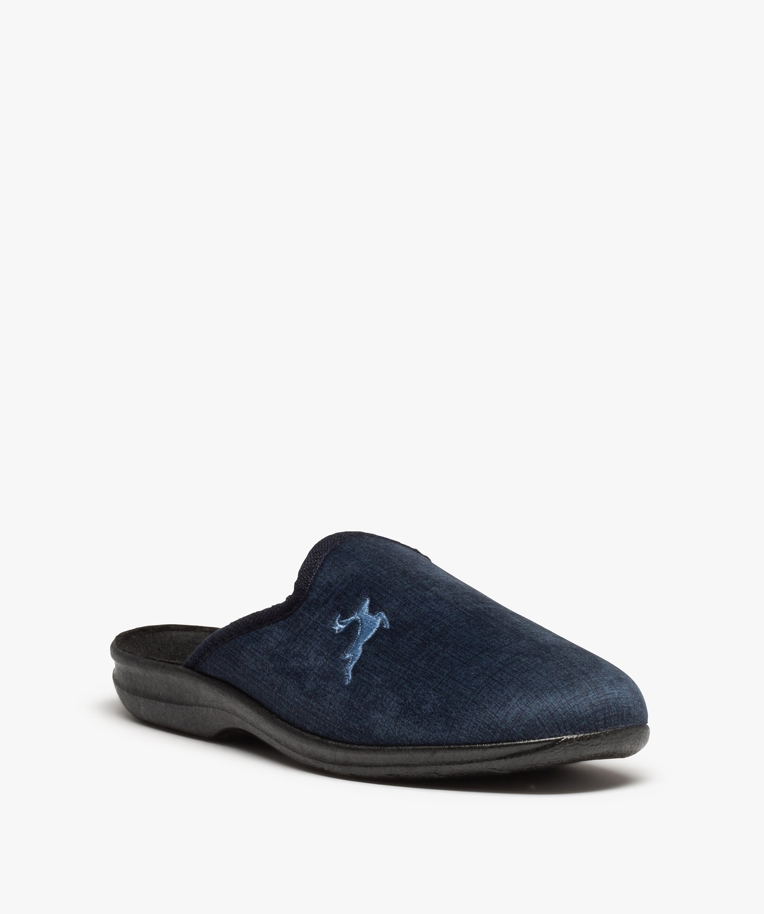 Chaussons mules en velours ras avec broderie homme bleu | GEMO