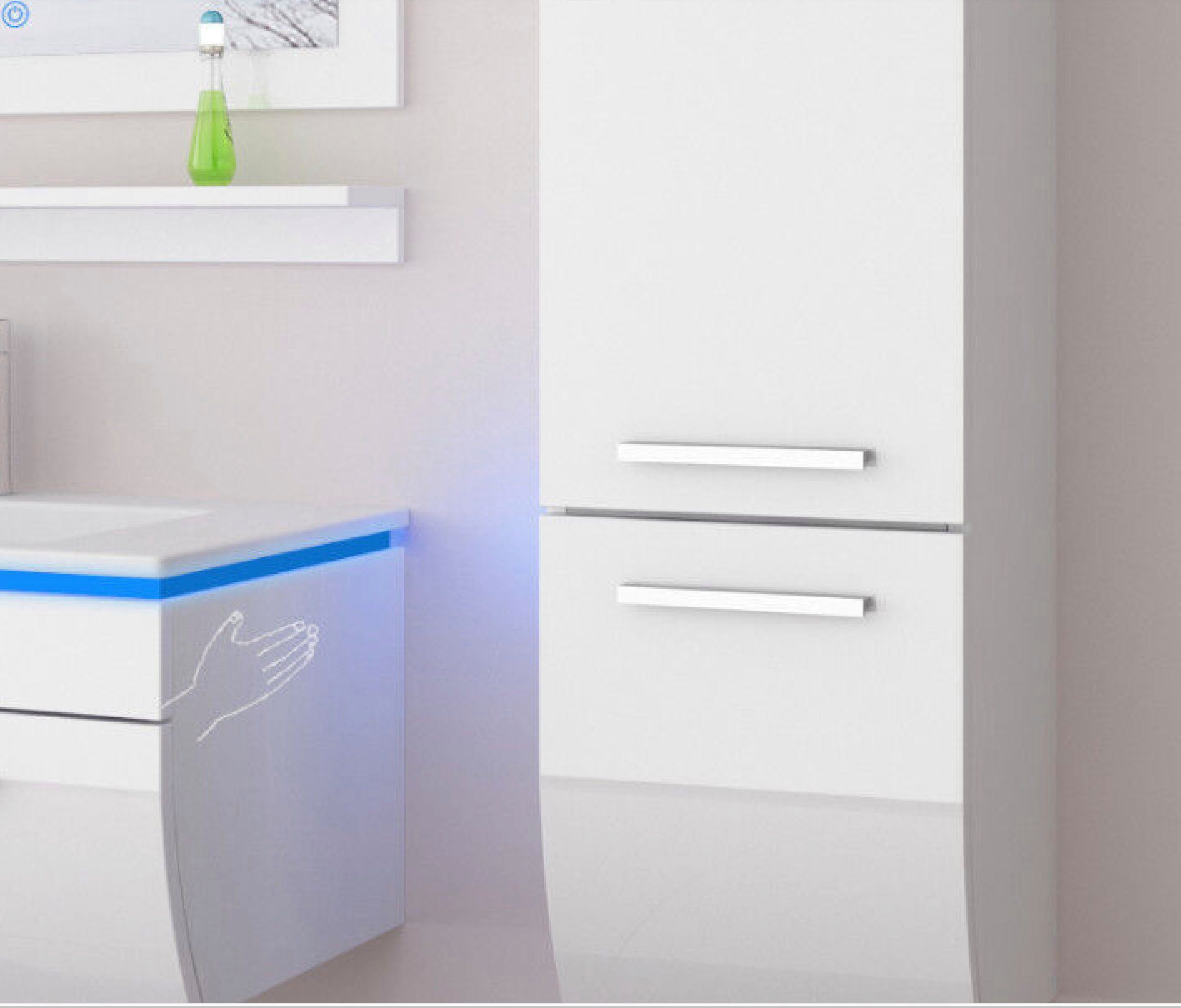 Homeline Badmöbel-Set Badmöbel Set Weiß Hochglanz lackiert LED System tauschsystem, (Komplette Set ohne wasch dich Armatur und Ablaufgarnitur, 6-St., Set Angebot), Hochglanz lackiert tauschsystem inklusiv LED