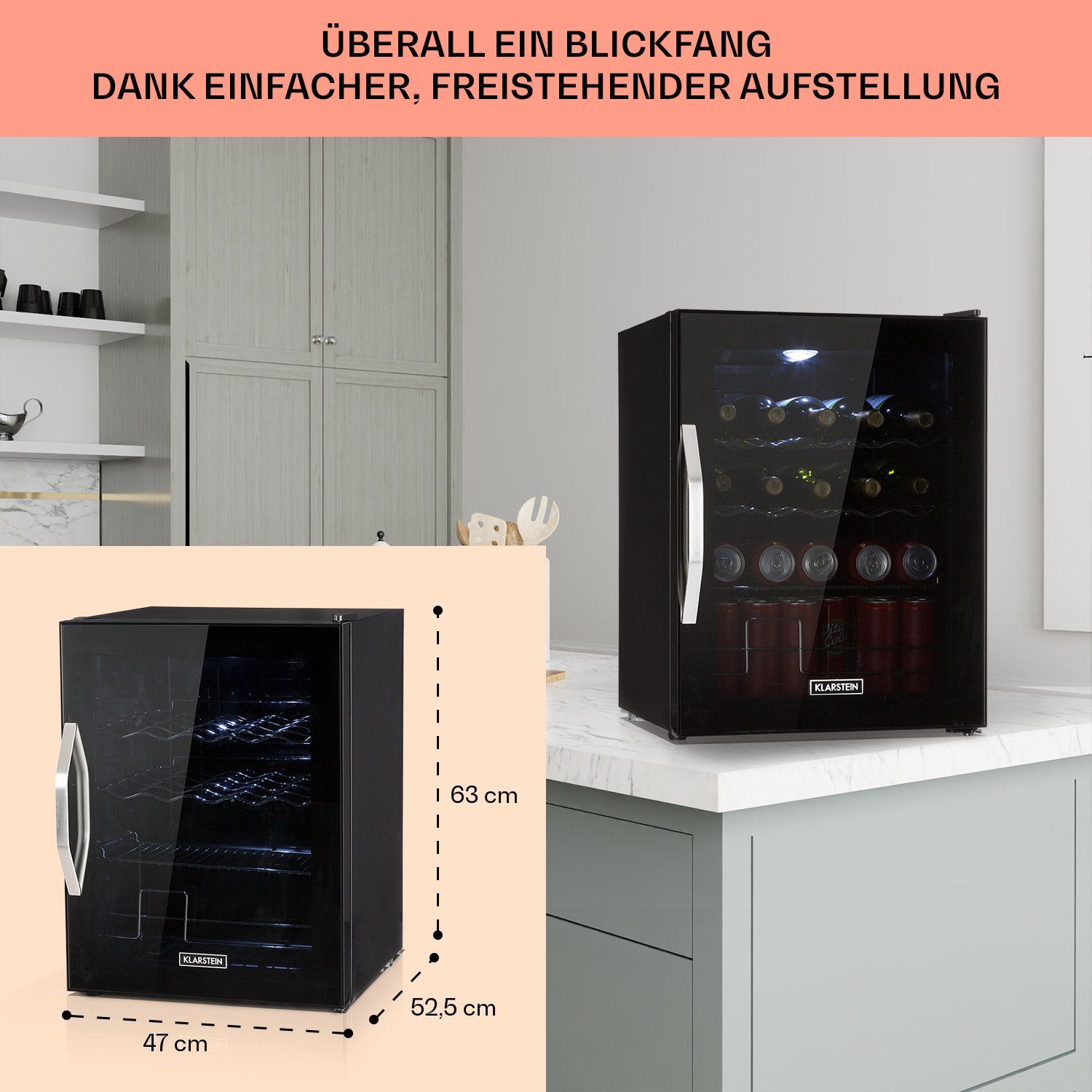 Klarstein Getränkekühlschrank HEA-BeersafeXL-onyx 10032871A, 63 cm hoch, 47 cm breit, Bier Hausbar Getränkekühlschrank Flaschenkühlschrank Glastür