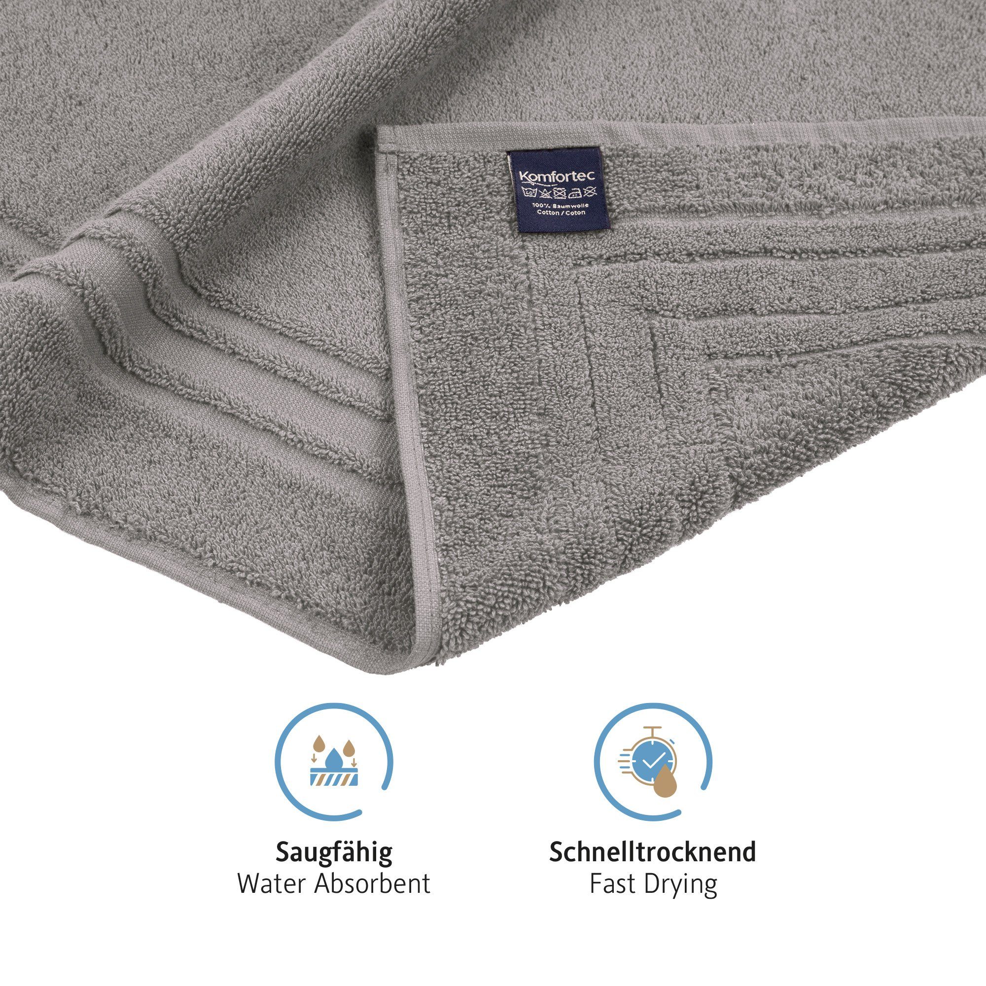Badematte Badvorleger aus 100% Baumwolle Komfortec, 50x70 cm Duschvorleger, Waschbar Duschmatte, Frottee, Rechteckig, 600 g/m², 2er Set, Saugfähig & Schnelltrocknend
