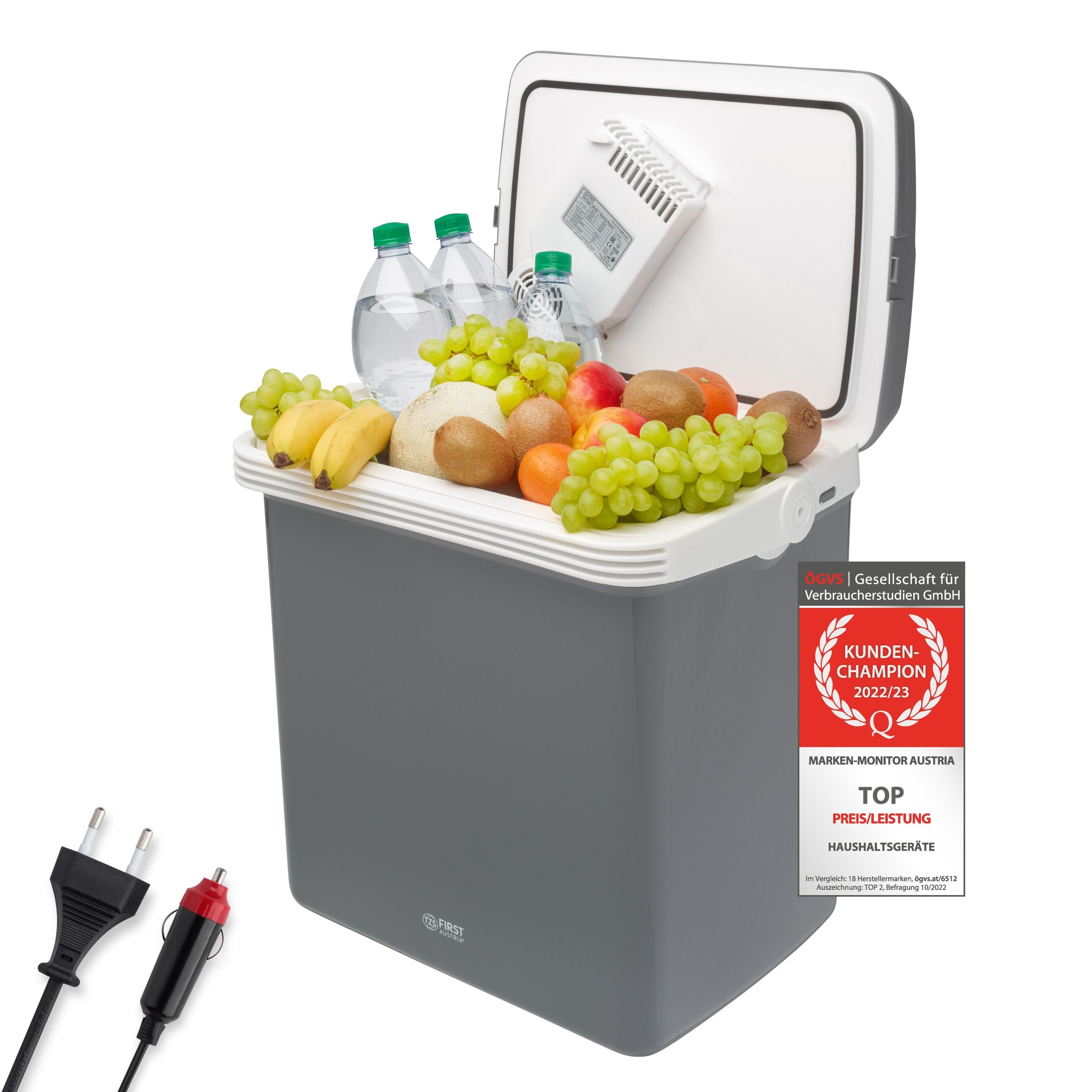 TZS FIRST AUSTRIA Elektrische Kühlbox elektrische Kühlbox, 32L, 12V /230V Anschluss, 12-V-Stecker fürs Auto, für Camping, Festivals, Reisen, mit Kühl- und Warmhaltefunktion