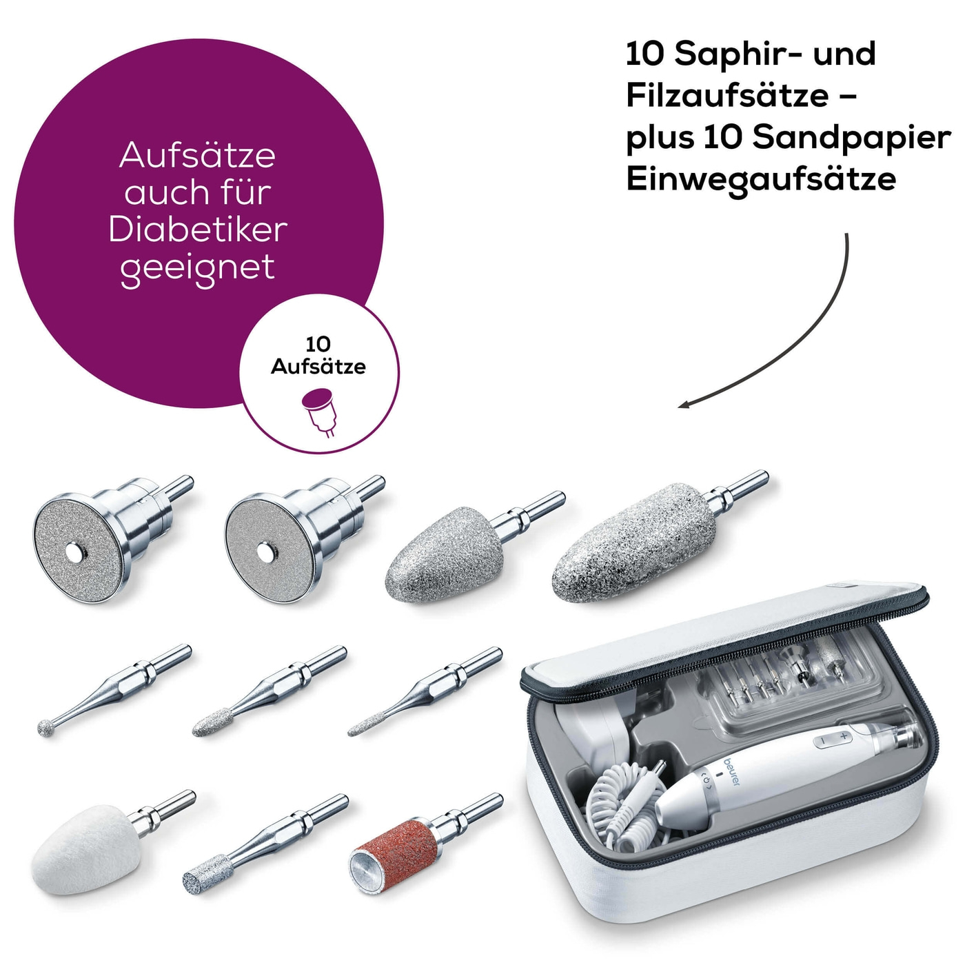 Beurer Maniküre-/Pediküreset MP 62-Stufenlos regelbarer Nagelfräser für Maniküre & Pediküre mit 10 Aufsätzen