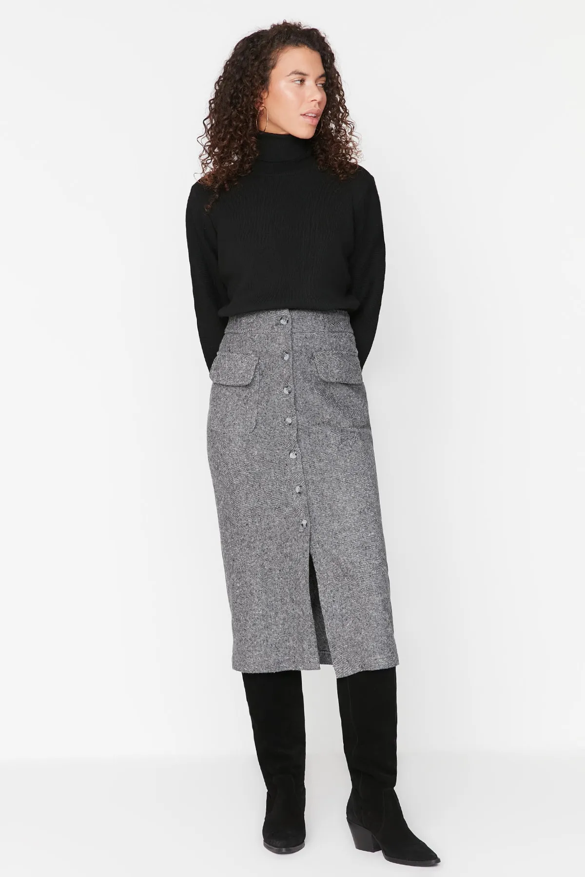 Trendyol Collection  Grauer Midi-Webrock aus Stoff mit Knopfleiste und Taschendetails TWOAW23ET00323