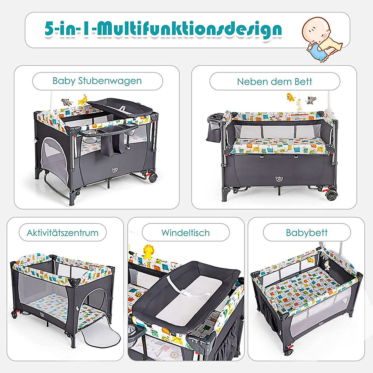 Reisebett 5 in 1 mit Wickeltisch & Spielzeug & Musikbox