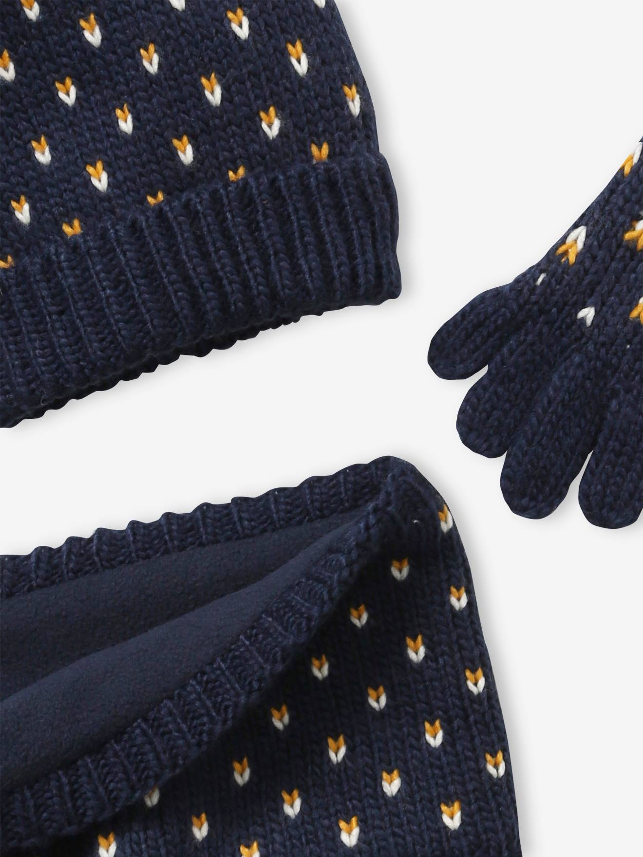 Vertbaudet Mädchen Set: Mütze, Loopschal & Handschuhe, Herzen BASIC - nachtblau bedruckt