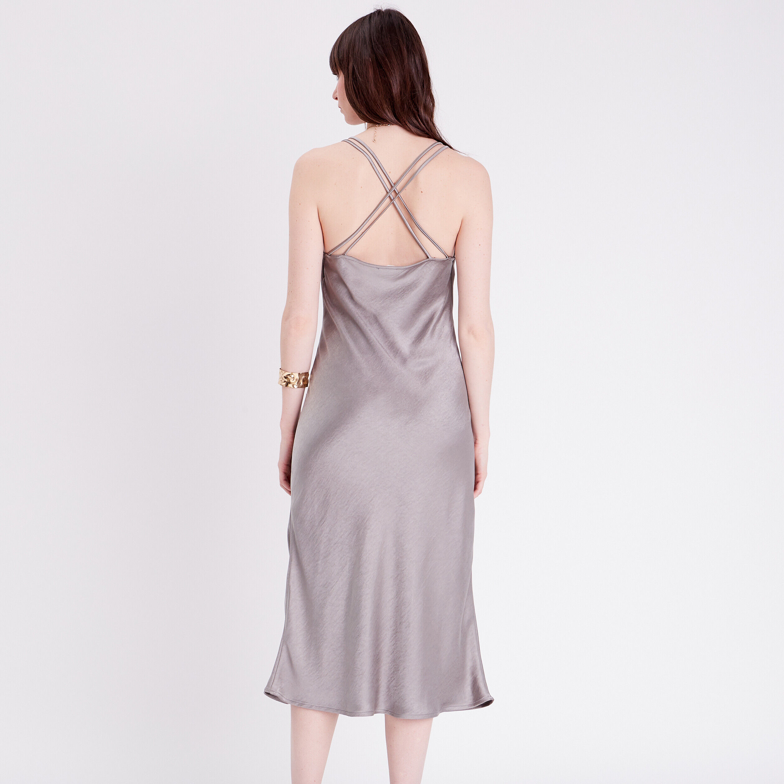 Robe midi moulante satin gris argent femme | Cache Cache