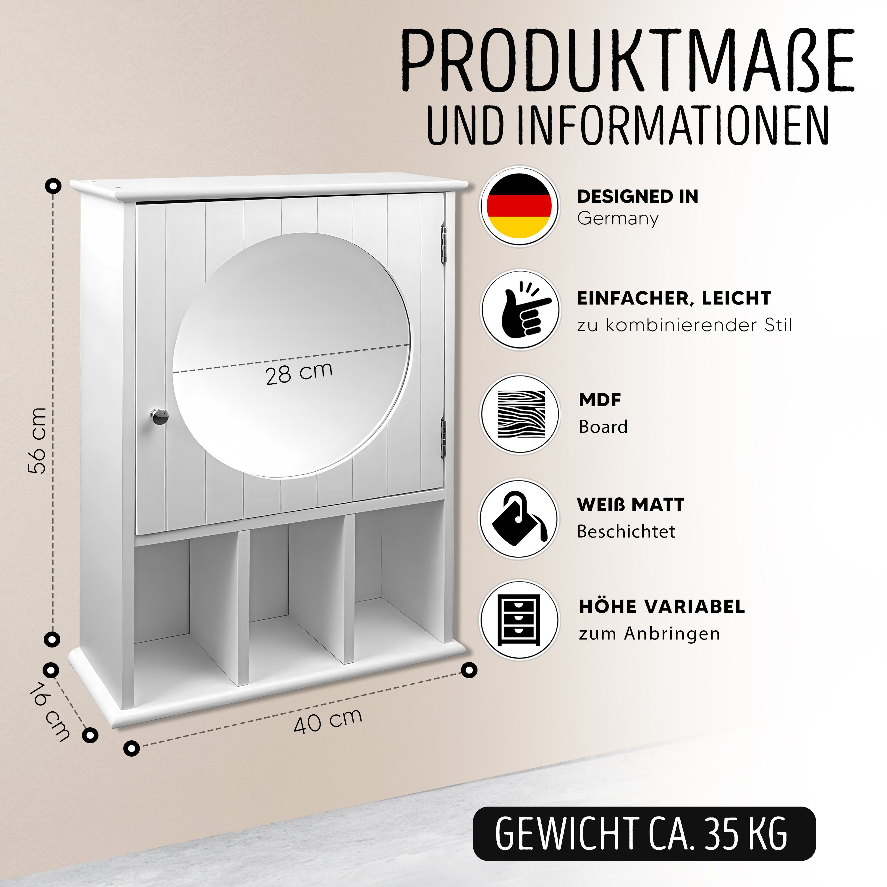 habeig Badezimmerspiegelschrank Badezimmerspiegelschrank Badschrank mit Tür 40x16x56cm Holz 56x40x16 cm