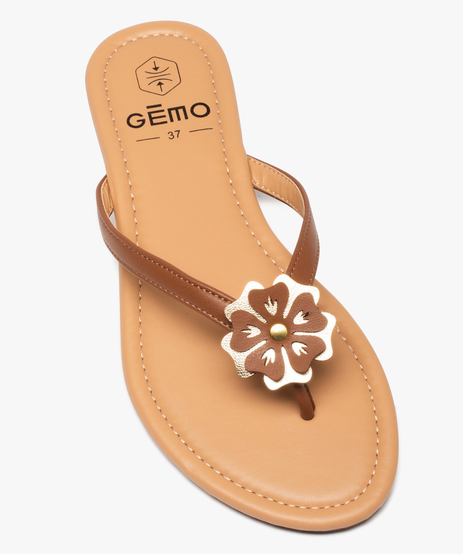 Tongs femme à petit talon plat et fleur sur l’entre-doigts marron | GEMO