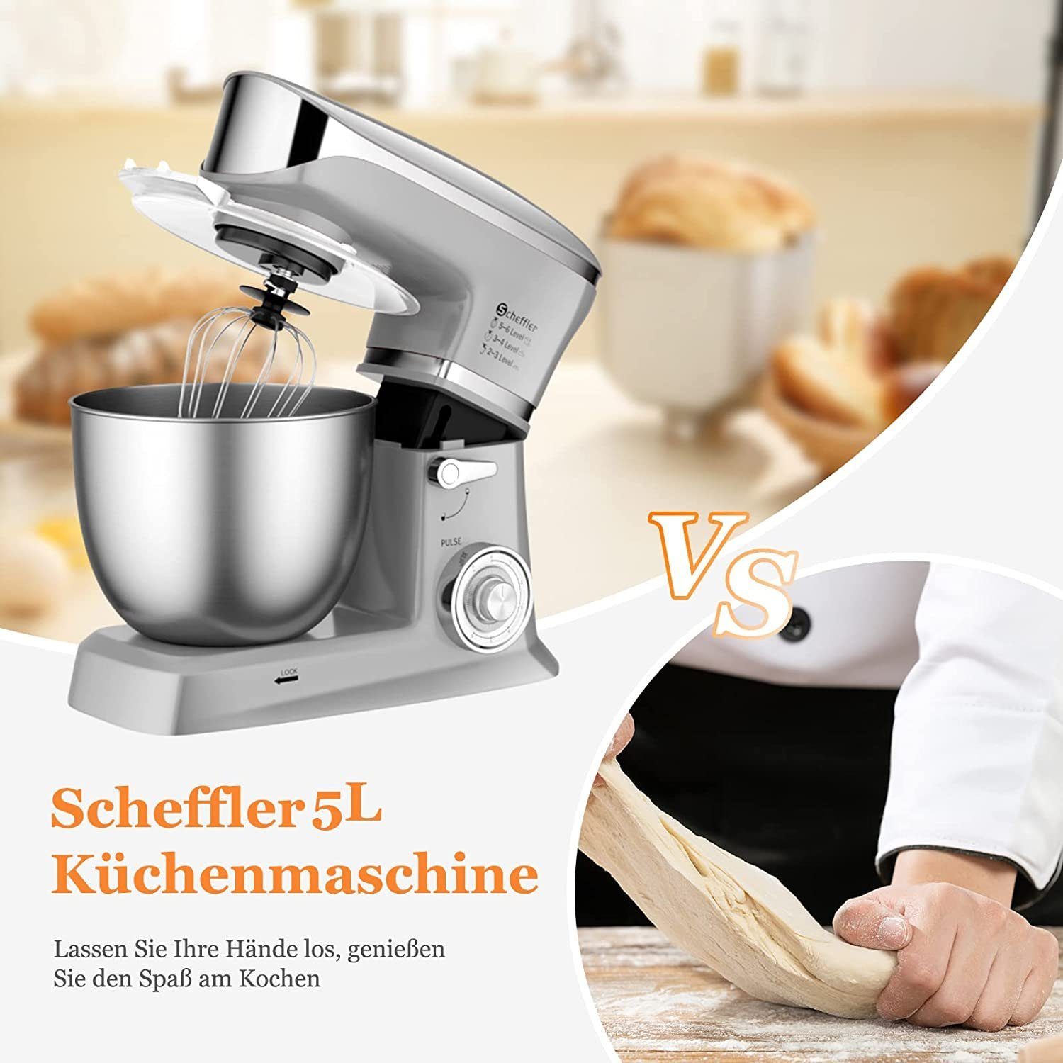 Scheffler Küchenmaschine 6 Geschwindigkeiten, 2000,00 W, 5,00 l Schüssel, inklusive Knethaken, Flachrührer, Schneebesen
