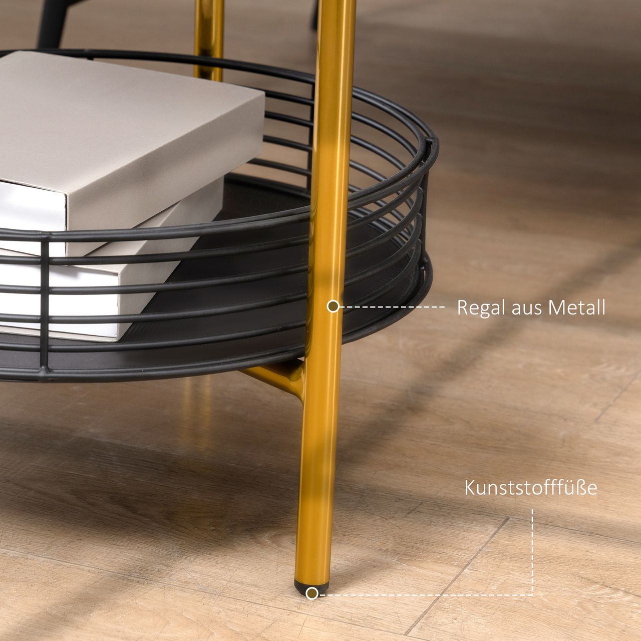 HOMCOM Beistelltisch 2-in-1 Design Rund Nachttisch Couchtisch mit Ablagen Serviertablett Industrie-Design Sofatisch Kaffeetisch für Schlafzimmer Wohnzimmer Stahl Schwarz Gold 43 x 45 x 61,5 cm