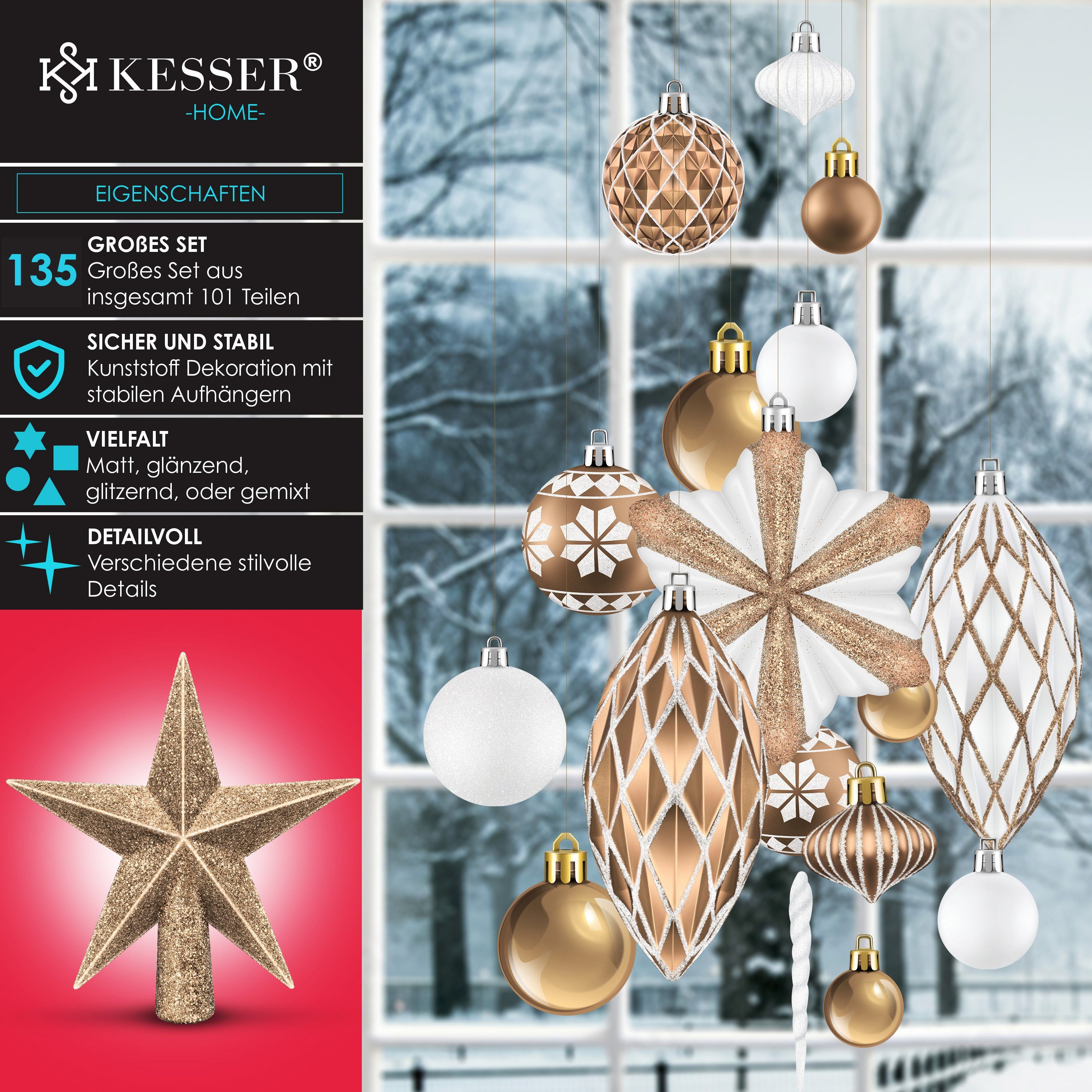 KESSER Christbaumschmuck (135-tlg), Weihnachtskugeln 105-teiliges Set Baumspitze Christbaumkugeln