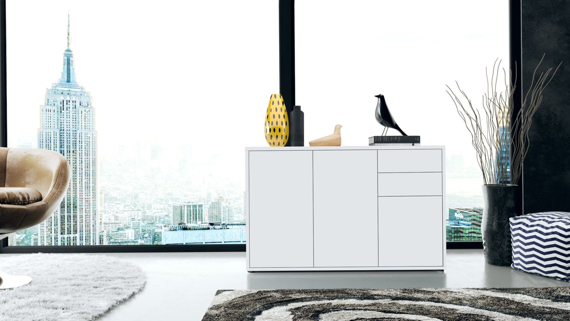 Vladon Kommode Ben (Kommode, mit 3 Türen und 2 Schubladen), Weiß matt/Weiß matt (117 x 74 x 36 cm)
