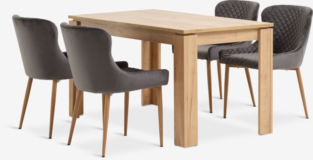 LINTRUP PEBRINGE LINTRUP L140 oak table 4 PEBRINGE chair grey velvet