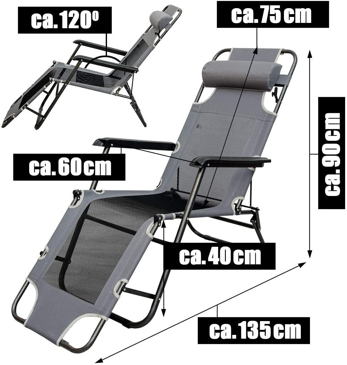 AMANKA Gartenstuhl Faltbare Campingliege Freizeitliege Gartenliege, 178 cm bis 100 kg grau