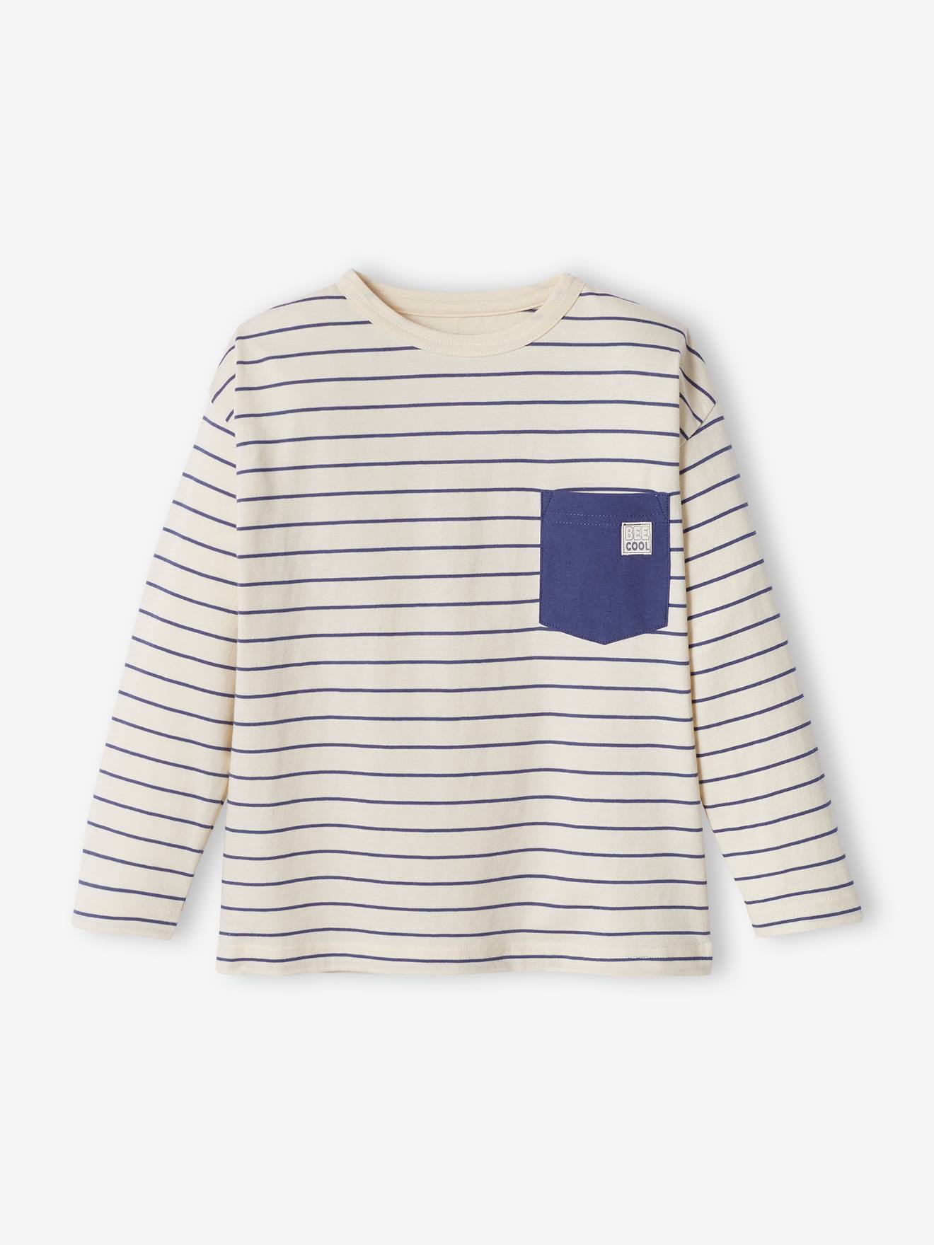 T-shirt rayé garçon avec poche fantaisie blanc