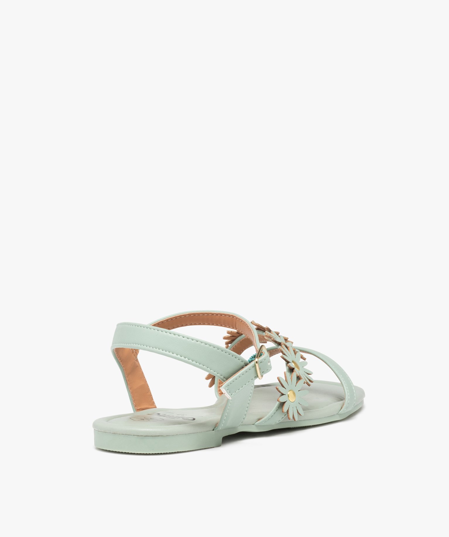 Sandales femme unies à talon plat et fleurs en relief vert clair | GEMO