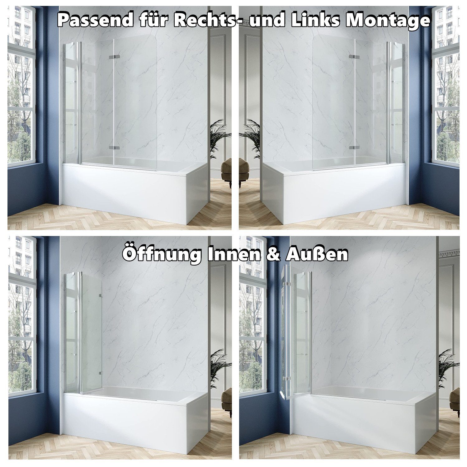 AQUALAVOS Badewannenfaltwand Duschabtrennung Glas Duschwand für Badewanne Badewannenaufsatz, Einscheiben-Sicherheitsglas (ESG) 5 mm mit Nanobeschichtung, 130x140 cm, 150x140 cm, Spritzschutz im Bad, mit Acryl- Duschablage