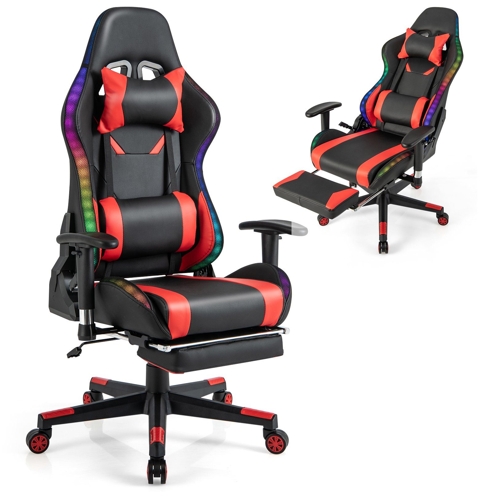 COSTWAY Gaming-Stuhl, mit Fußstütze, RGB-LEDs, verstellbarer Rücklehne, 160kg
