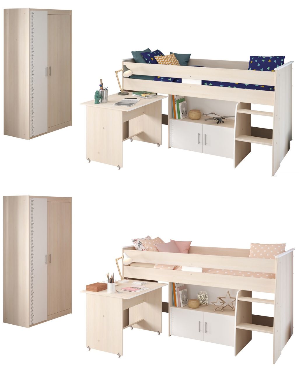 Parisot Hochbett mit 2-trg. Kleiderschrank, Charly 5 - mit ausziehbarem Schreibtisch