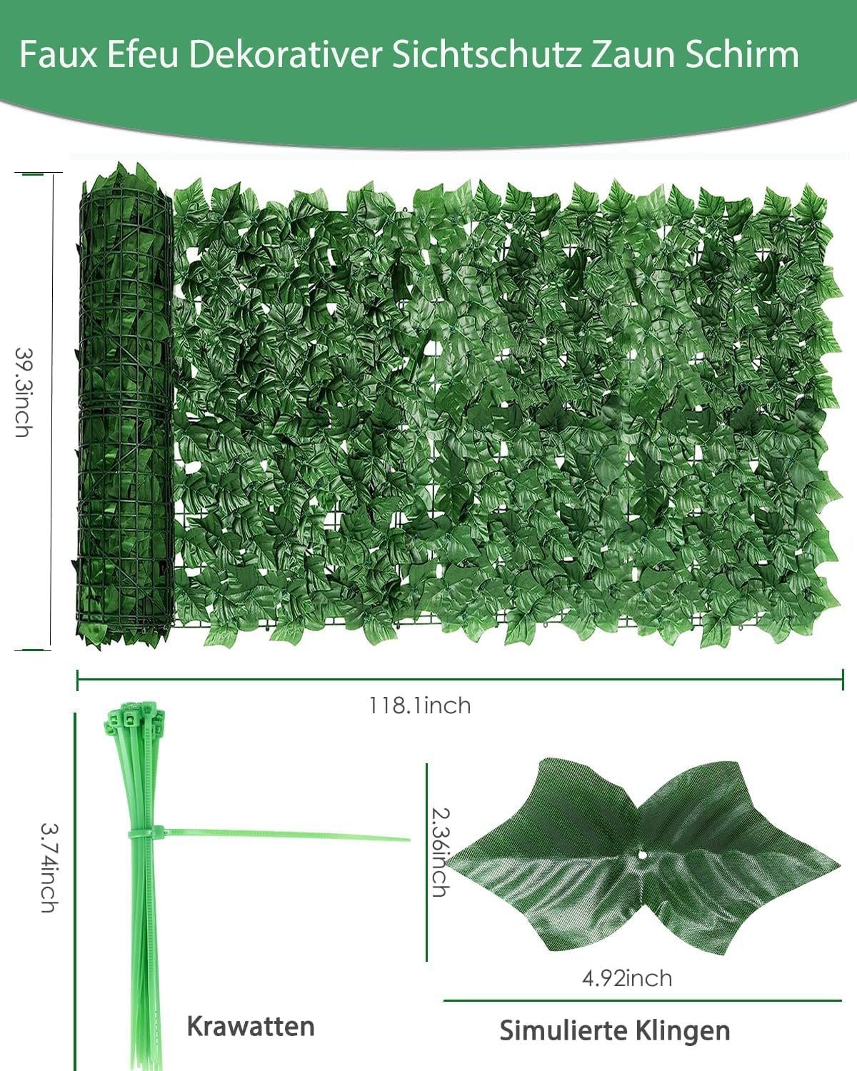 BlingBin Gartenzaun Künstliche Blätter Efeu Hecke Sichtschutz Windschutz Balkonverkleidung, (1-St), 1X3M