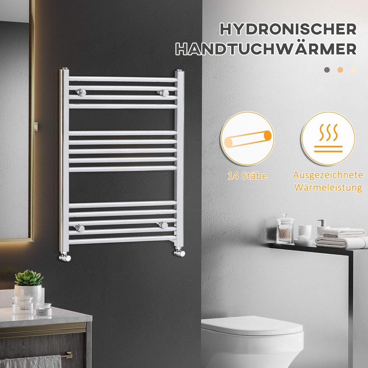 HOMCOM Handtuchheizkörper hydronische Handtuchwärmer Handtuchtrockner Badheizkörper 14 Heizstäbe Heizkörper für Badezimmer Wandmontage Kohlenstoffstahl Silber 600 x 800 mm