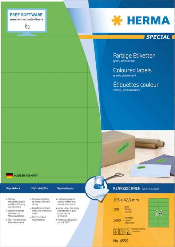 HERMA Farbige Multifunktionsetiketten 4559 Grün Rechteckig 105 x 42 mm 100 Blatt à 14 Etiketten