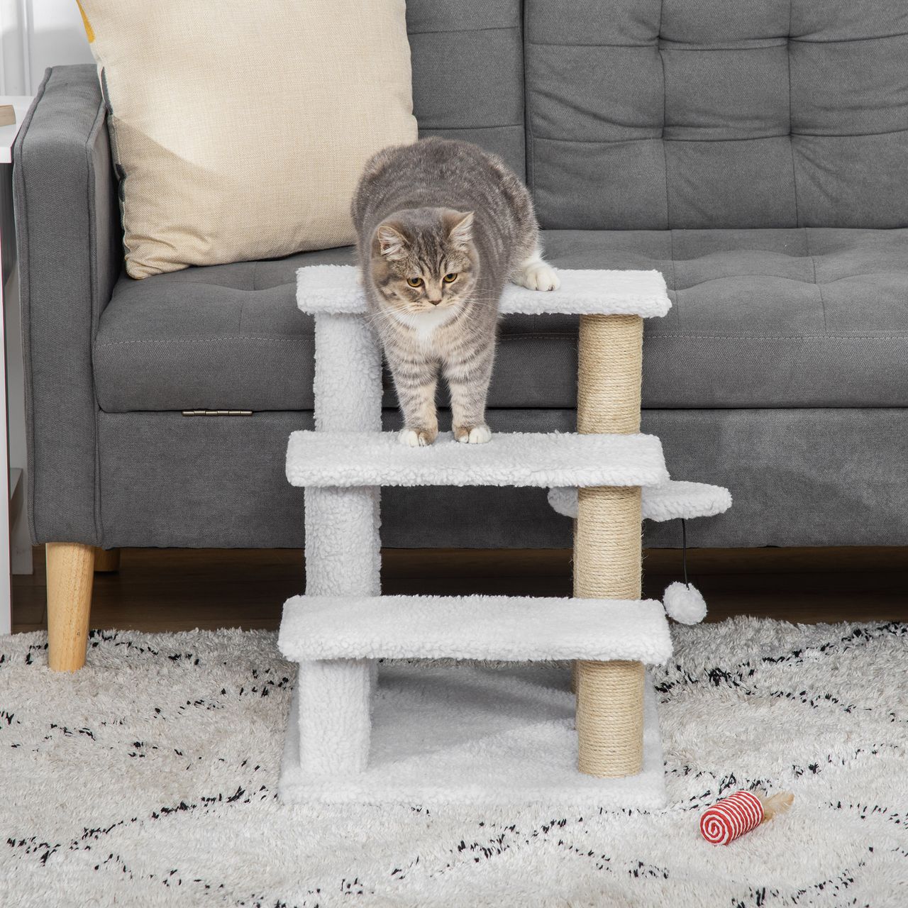 PawHut Haustiertreppe mit Kratzbaum Ball 3-stufige Katzentreppe Hundetreppe Tiertreppe Spanplatte Plüsch Jute Weiß 45 x 40 x 48 cm