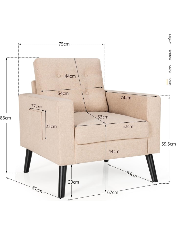 COSTWAY Relaxsessel mit 2 Taschen 81x67x86cm in Beige günstig kaufen onesize