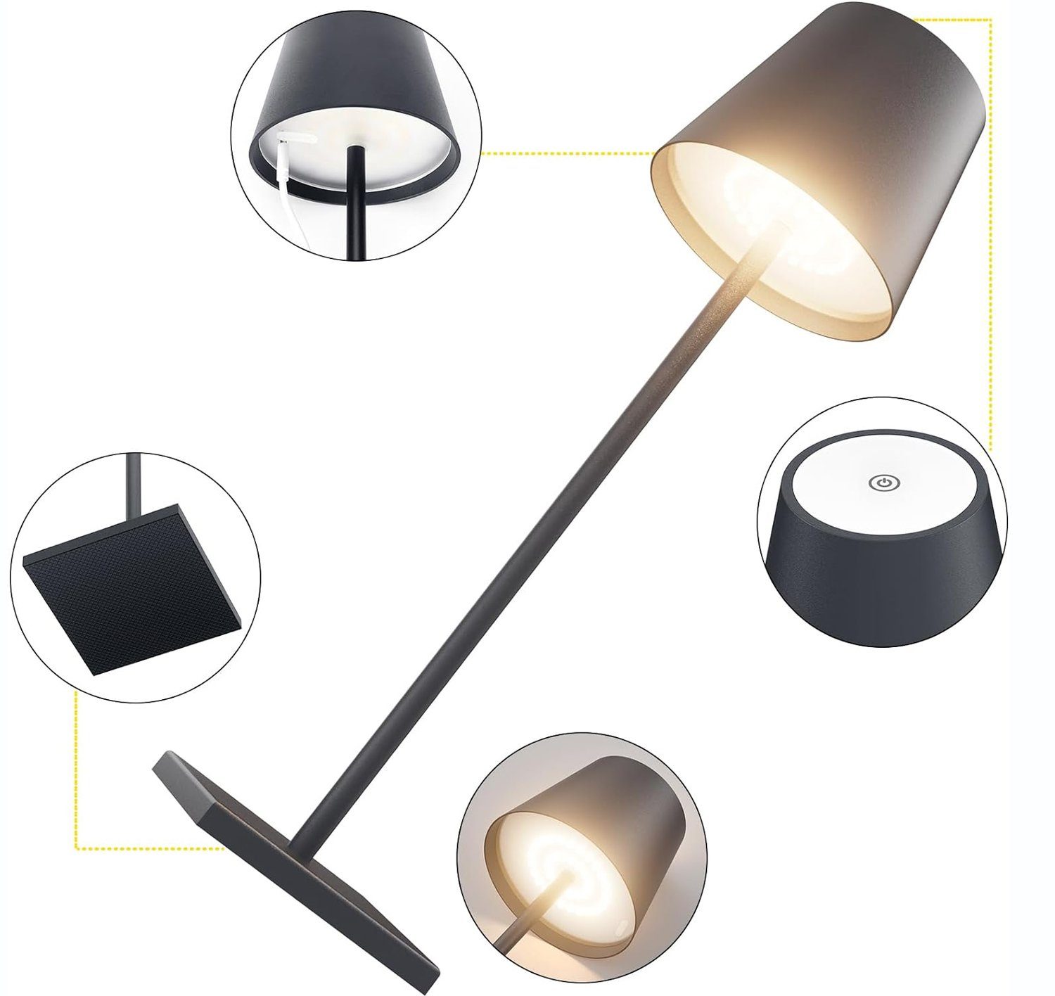 AKKEE LED Tischleuchte Nachttischlampe LED Tischlampe Akku,kabellos IP54 USB Wiederaufladbar, 2 Stück LED Dimmbare Akku Tischleuchte, LED fest integriert, Warmweiß, Tischleuchte Für Innen und Aussen 3000k Warmes Weiß, IP54 Wasserdichte