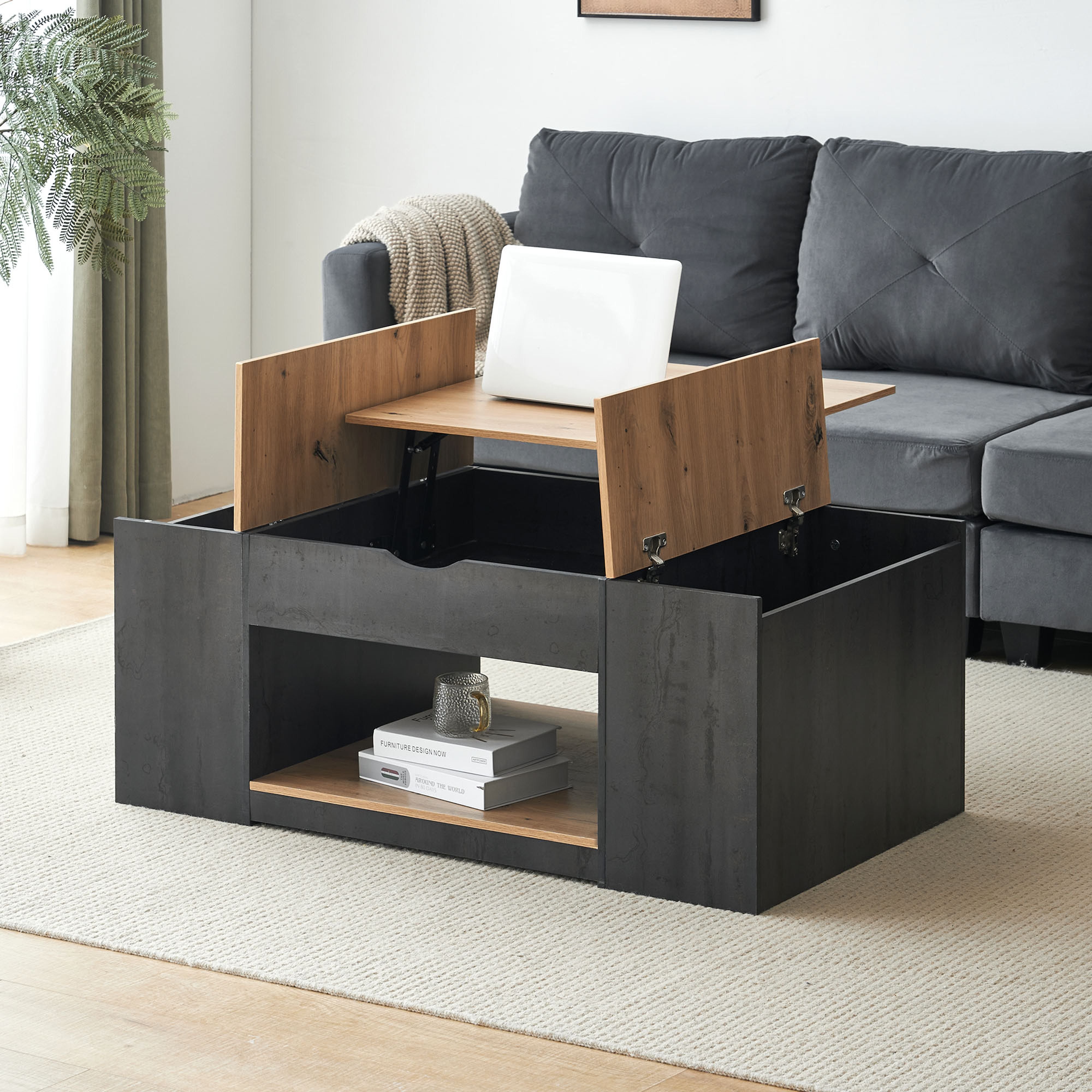 BlingBin Couchtisch Wohnzimmertisch (1-St., mit Liftfunktion, Stauraum unter der Tischplatte), Hubauszugstischplatte, 3 versteckte Fächer, ein offener Stauraum