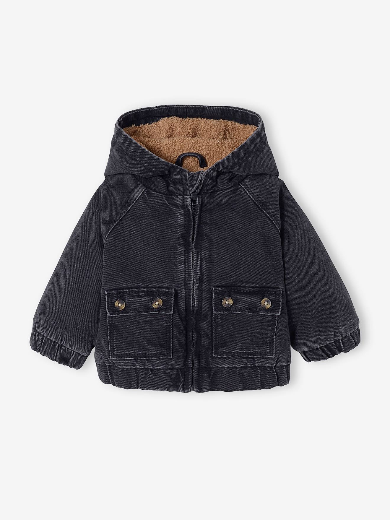 Veste à capuche denim doublée sherpa bébé. denim gris