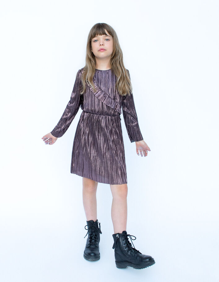 Robe rose lamée plissée volant asymétrique fille