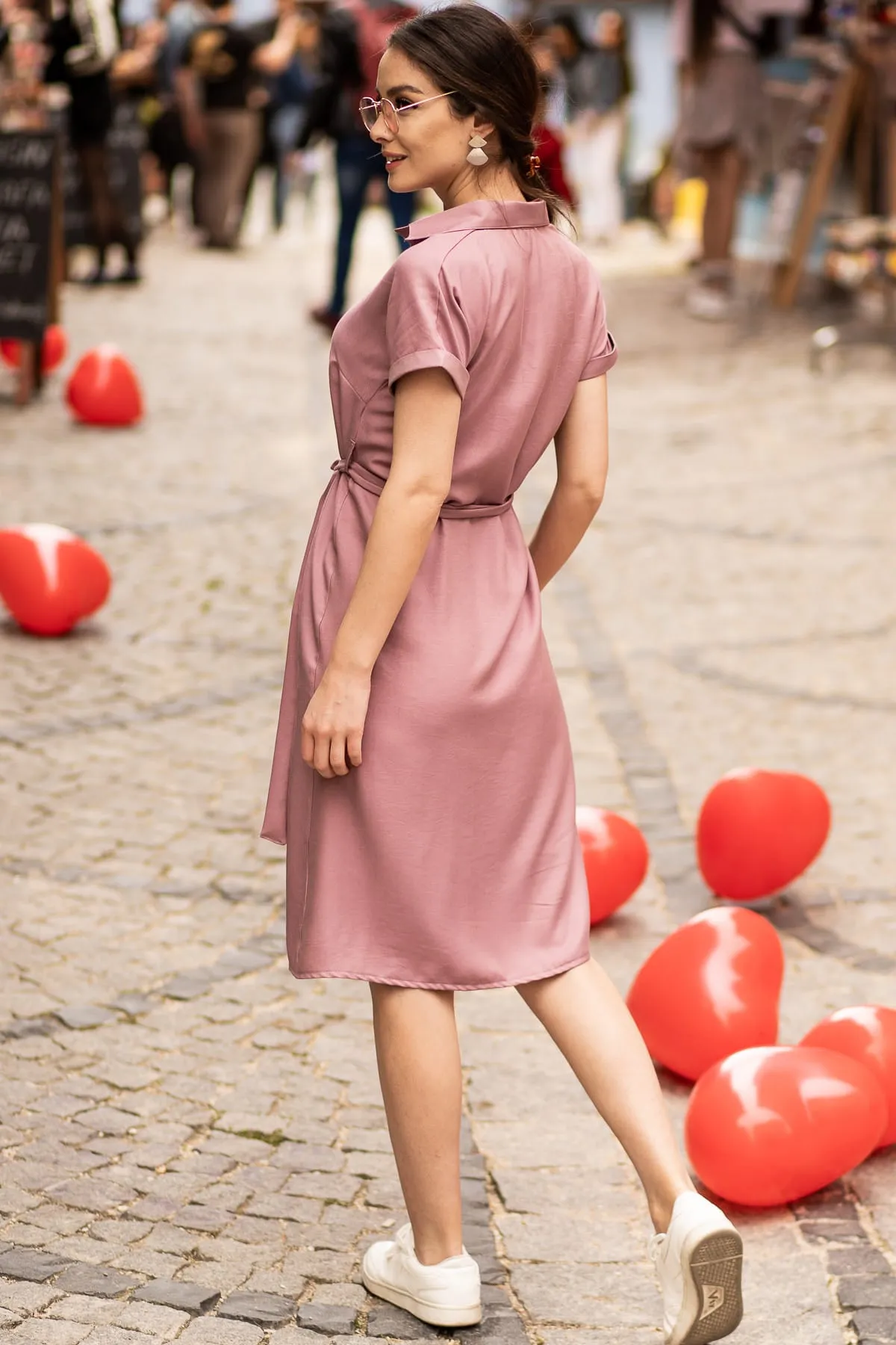 armonika  Damen Dusty Rose Kurzarm-Hemdkleid mit Gürtel ARM-19Y001068