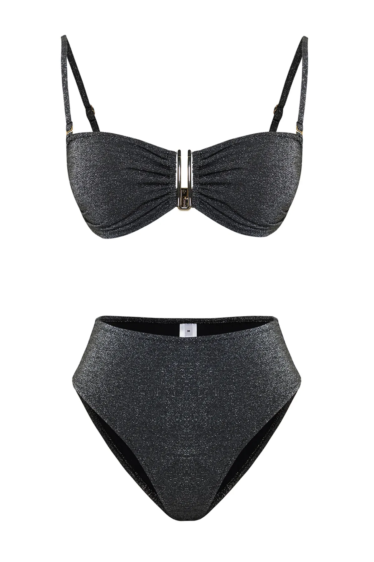 Trendyol Collection  Schwarzes trägerloses Accessoire Glitzer-Bikini-Set mit hoher Taille und hohem Beinausschnitt TBESS24BT00054