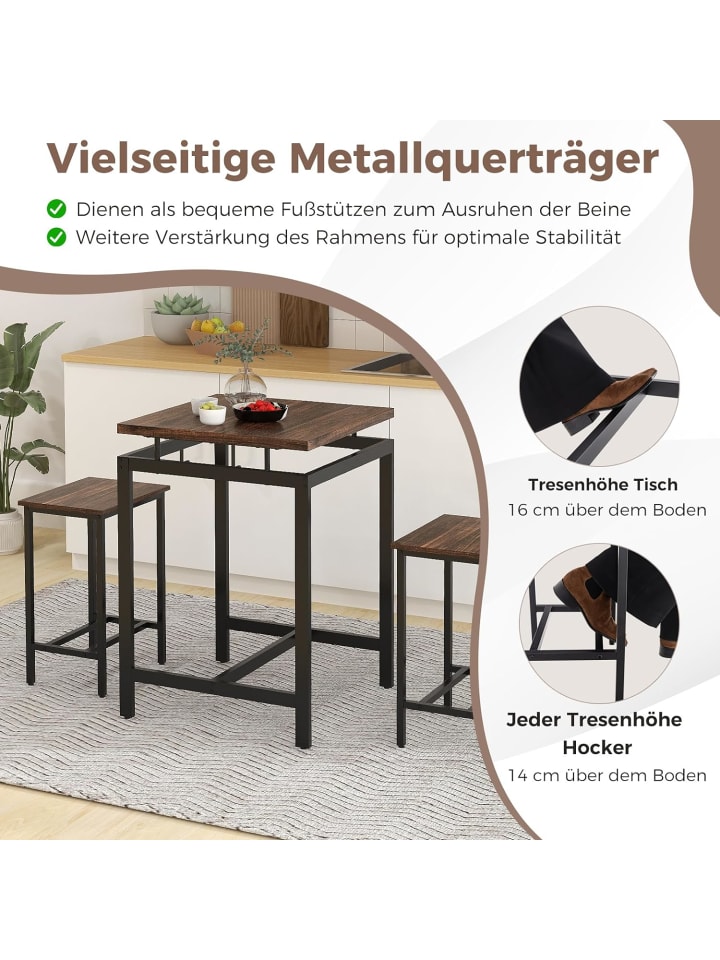 COSTWAY Esstisch 3 tlg. Set mit 2 eingebauten Hockern in Braun günstig kaufen onesize