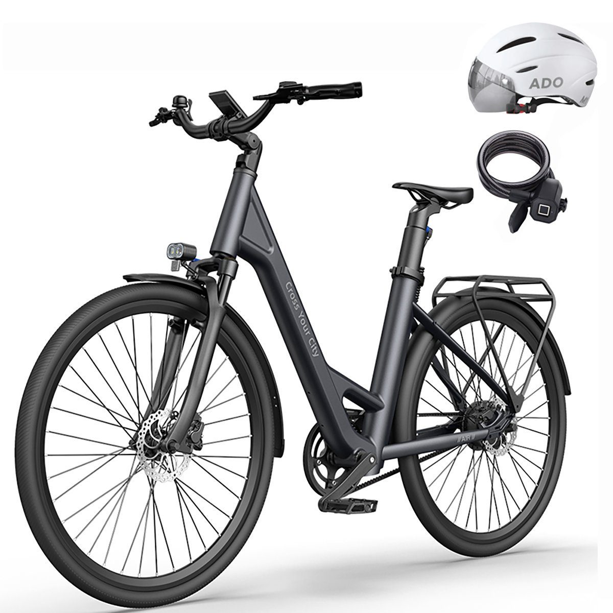 ADO E-Bike Air 28 Elektrofahrrad,Pedelec Riemenantrieb,28 zoll,Momenten-Sensor, 1 Gang, Heckmotor, 345,00 Wh Akku, ebike Damen/Herren,Gepäckträger,Lampe (Fingerprint-Schloss Helm)