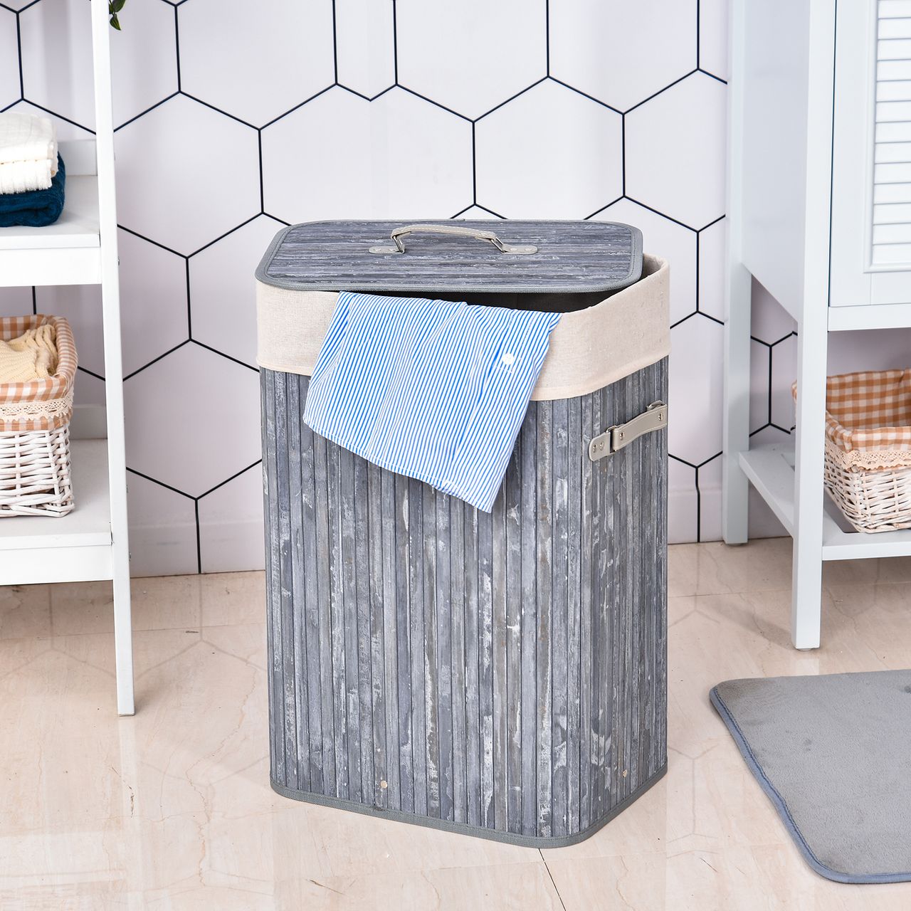 HOMCOM Wäschekorb, Wäschebox, Wäschesammler mit Deckel, Segeltuchsack, waschbarem Wäschesack, mit Griffen, Bambus , faltbar, 72L, Grau, 40 x 30 x 60 cm…