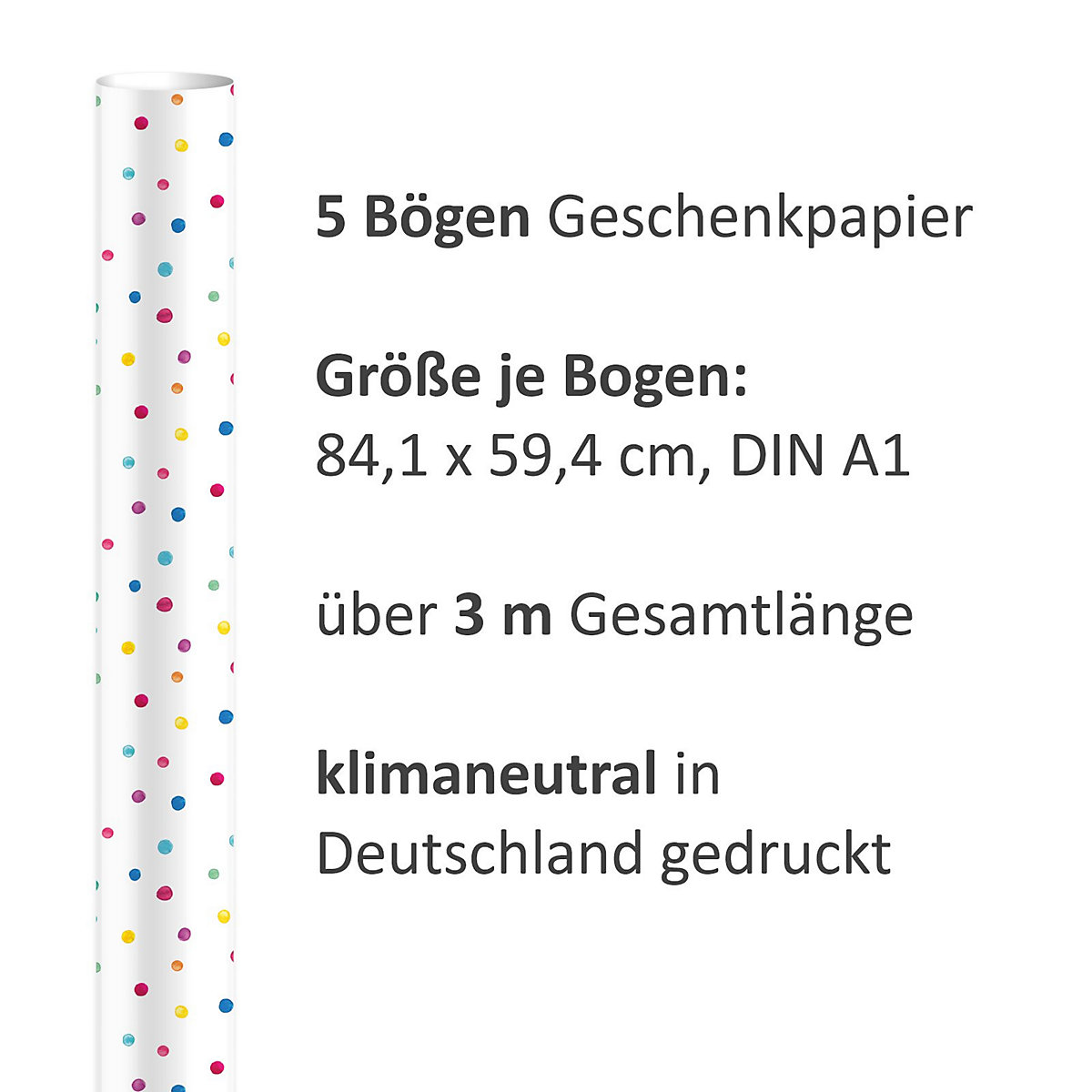 Geschenkpapier 5 Bögen Punkte Dots bunt  – 1,60€/qm Größe: - 84,1 x 59,4 cm Geschenkpapier