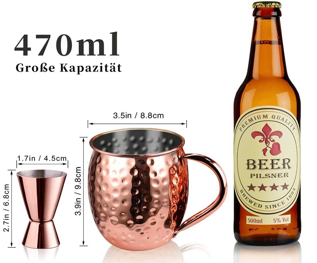 Faizee Möbel Tasse Cocktailglas Moscow Mule Becher Kupferbecher 500ml Fassungsvermögen, Kupfer/Edelstahl