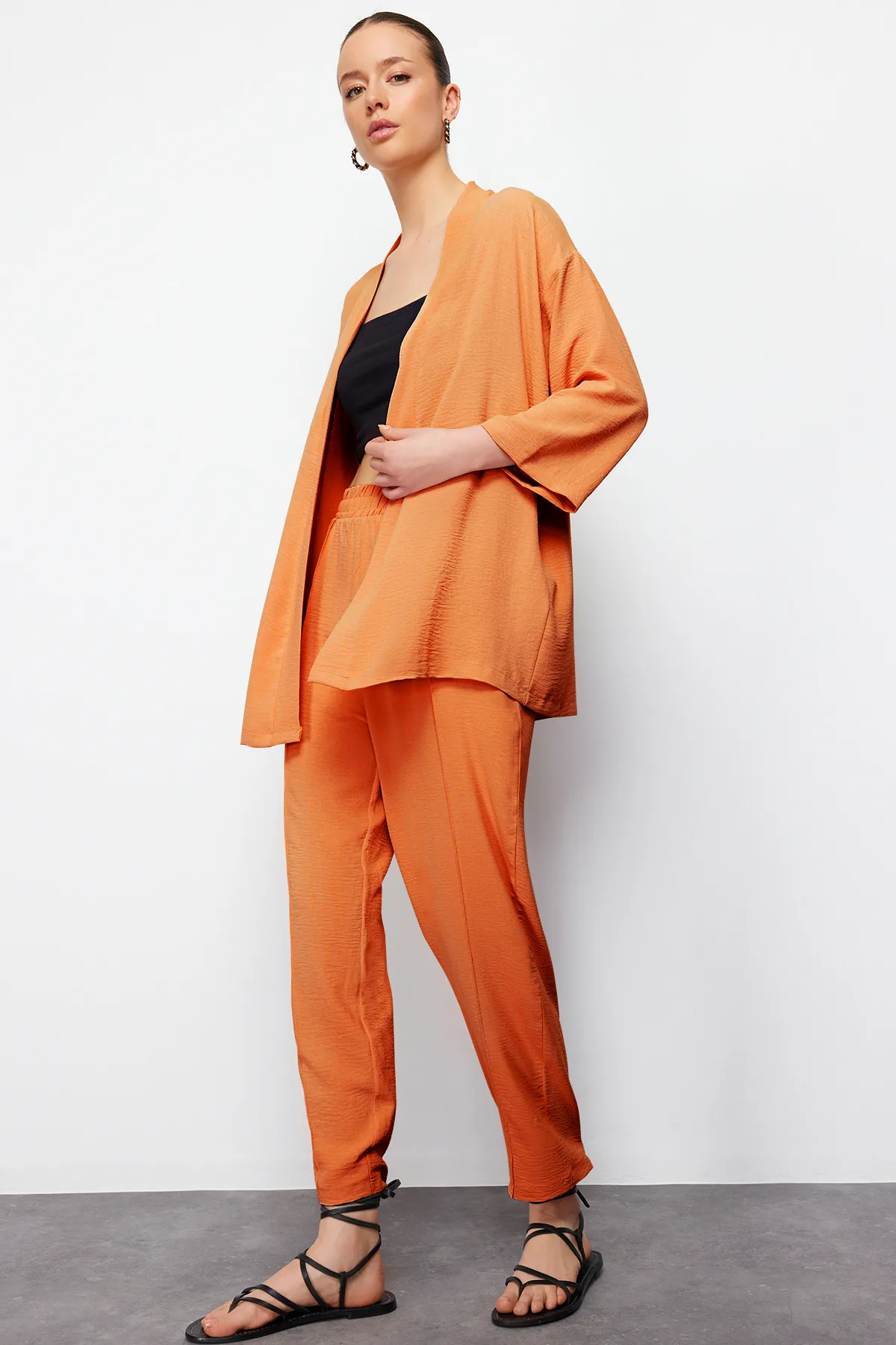 Trendyol Collection  Orange gewebtes Kimono-Hosen-Bottom-Top-Set TWOSS24AU00037