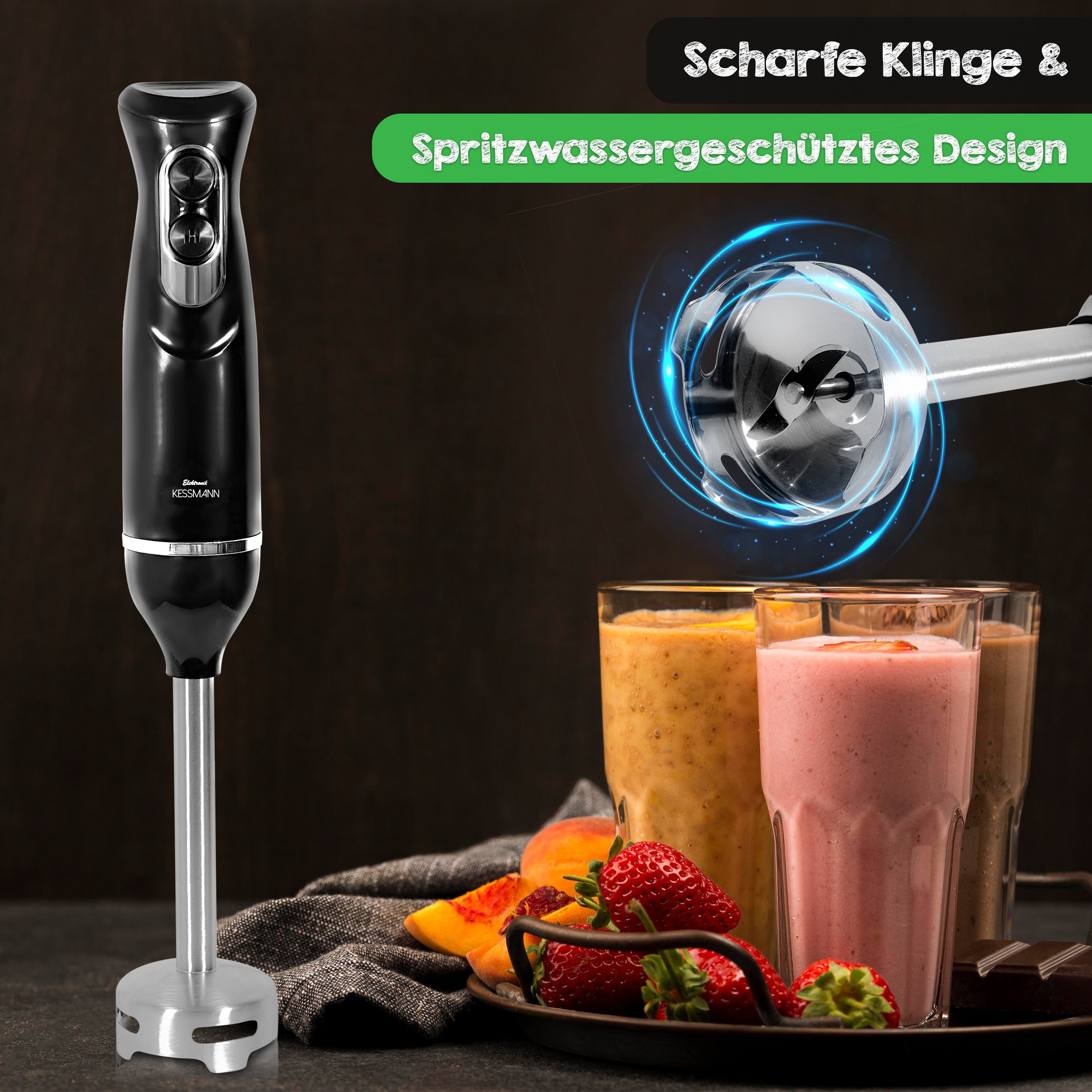 KESSMANN Schäfer Stabmixer Set mit Pürierbecher Zerkleinerer & Schneebeesen 5Tlg Edelstahl Mixer, 600,00 W, Elektrischer Smoothie Maker Handmixer Rührstab Milchshake Blender