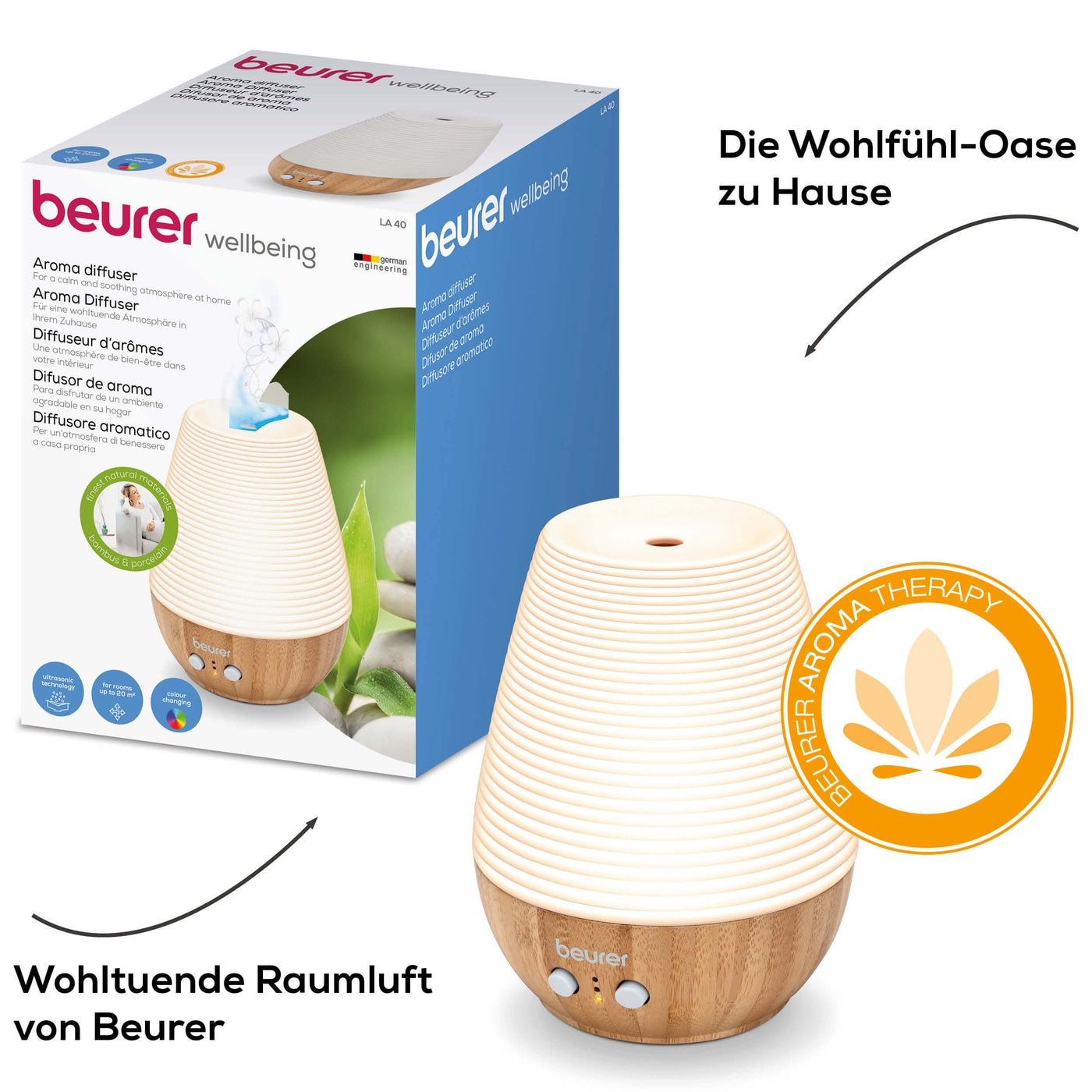 Beurer Aroma Diffuser LA 40-Aroma Diffuser mit LED-Farblicht & Timerfunktion bis 20 m²