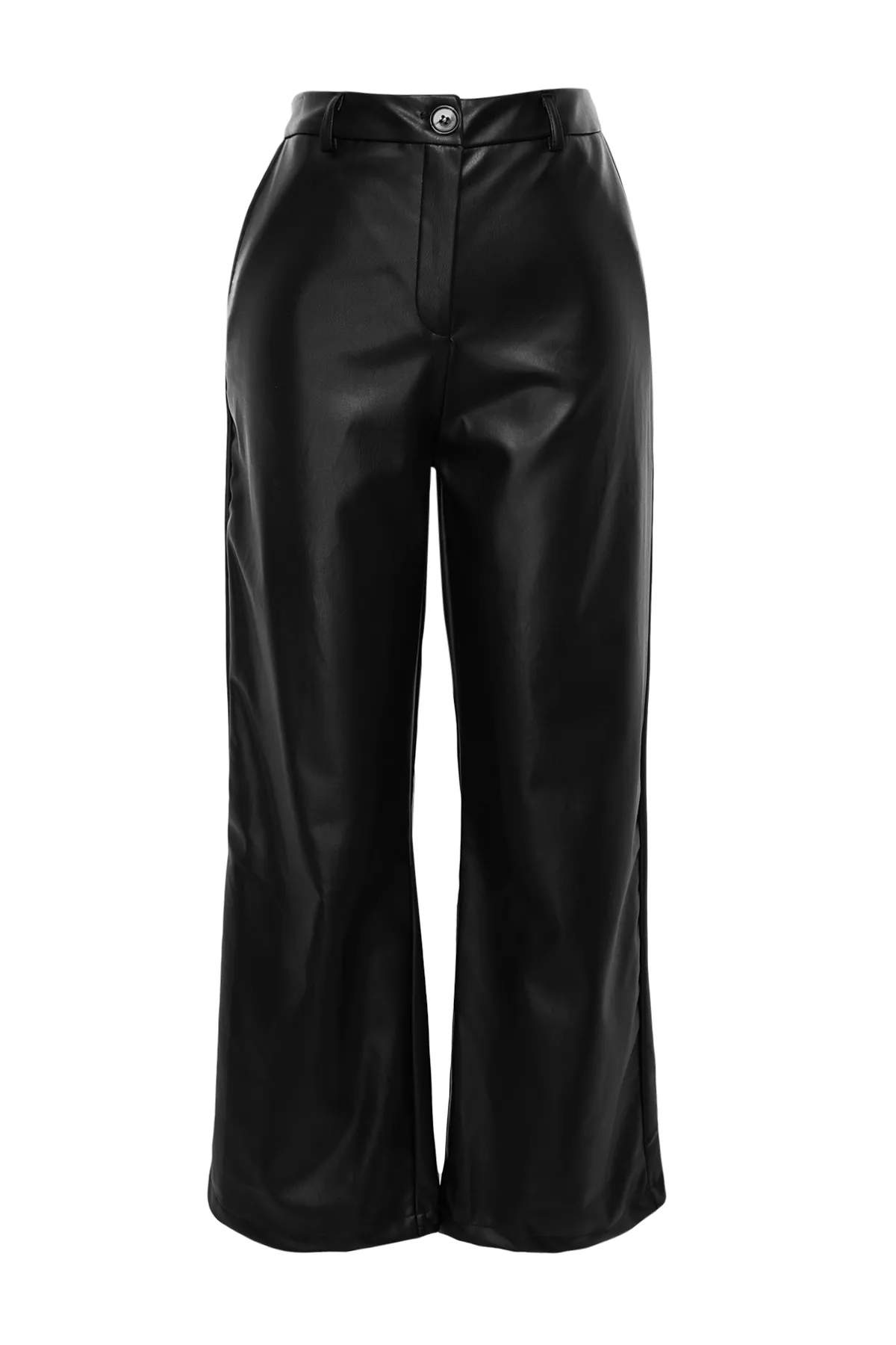 Trendyol Curve  Schwarze, weit geschnittene Hose aus gewebtem Kunstleder