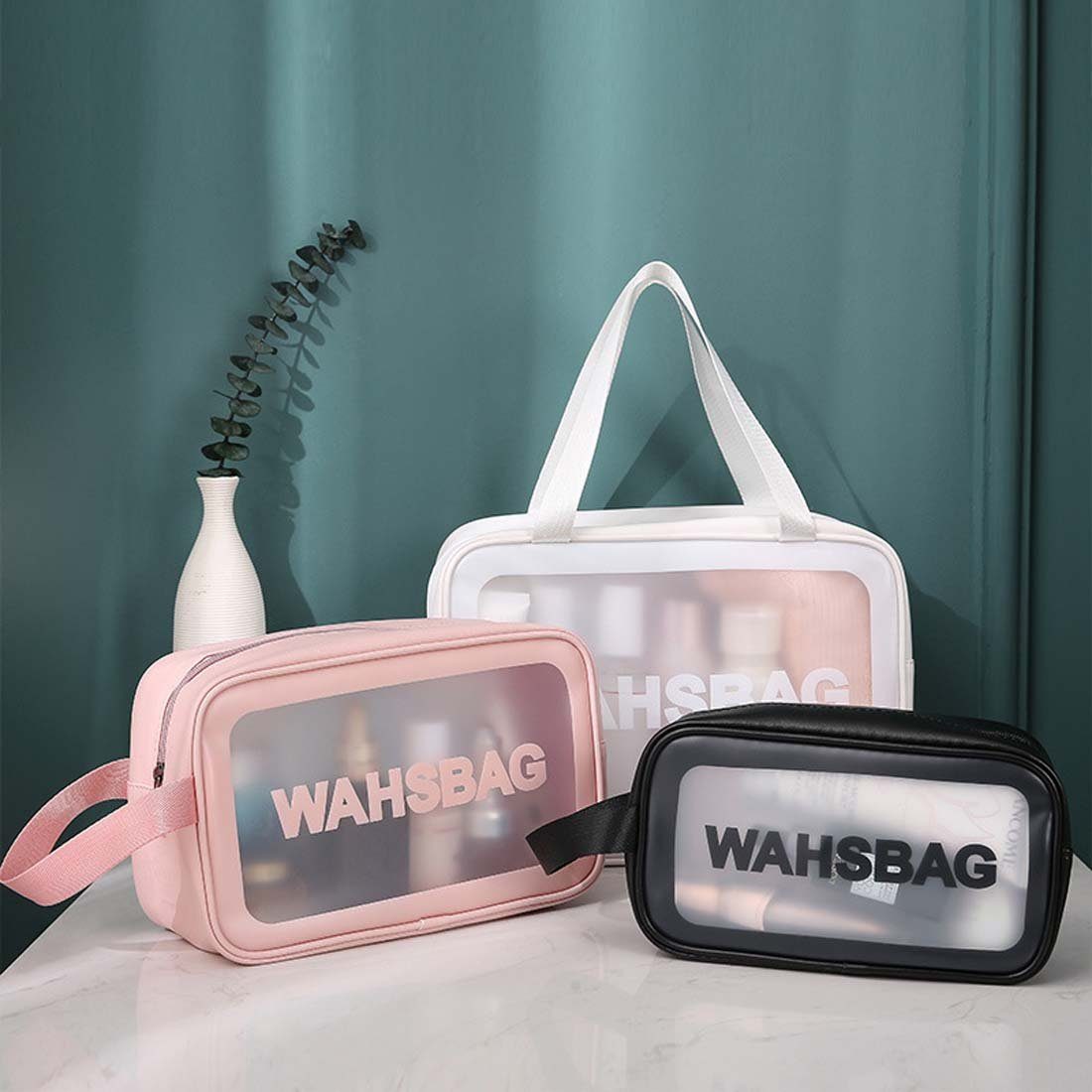 FIDDY Aufbewahrungstasche Transparente dreiteilige Kosmetik-Kulturtasche (Badetasche mit großem Fassungsvermögen, durchscheinende, gefrostete tragbare Aufbewahrungstasche für Damen, 3-tlg)